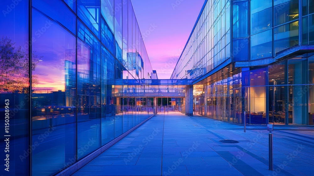 Obraz premium Modern urban street reflective glass buildings cityscape sunset vibrant colors contemporary architecture