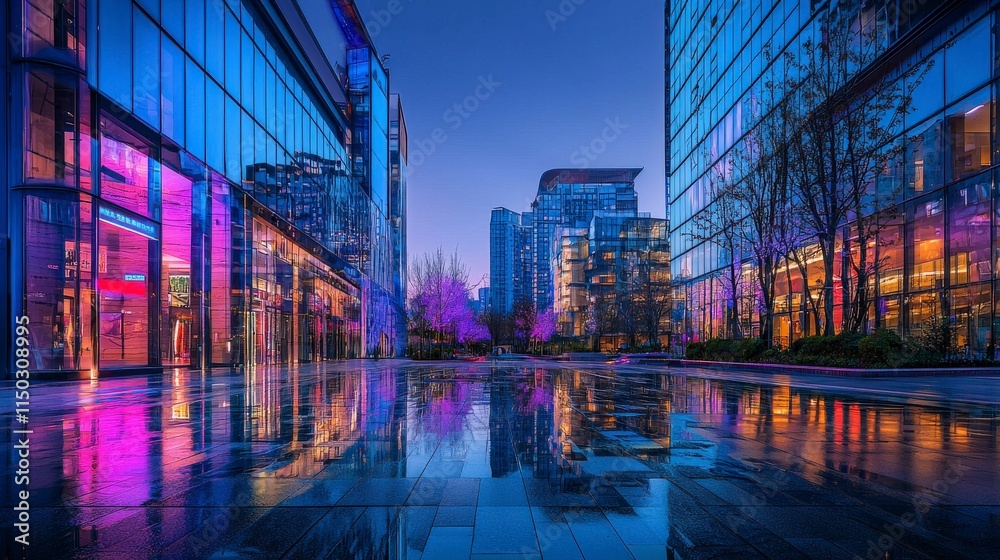 Fototapeta premium Modern urban street reflections city center night photography glass buildings vibrant lights urban aesthetics