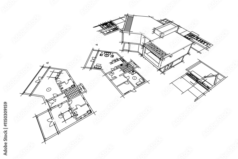 Fototapeta premium Modern house sketch 3d illustration