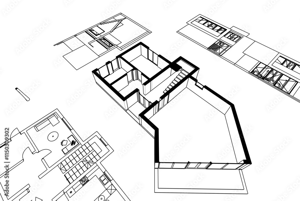 Fototapeta premium Modern house sketch 3d illustration