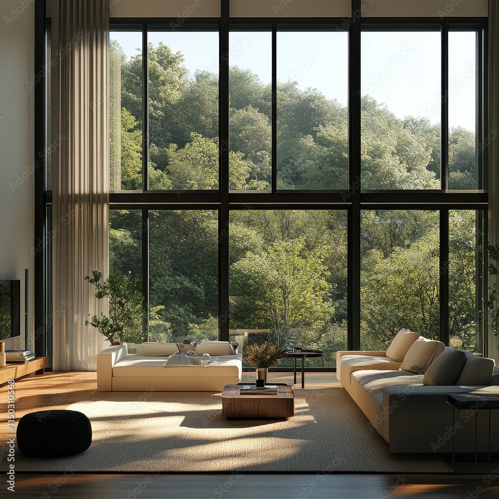 Fototapeta premium Modern Living Room With Large Windows Overlooking Serene Green Nature During Daylight Hours