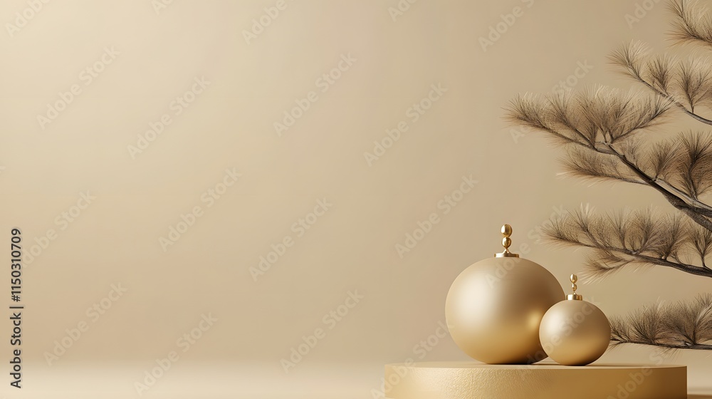 A serene holiday scene featuring elegant gold ornaments beside a simple tree against a soft beige background. A serene holiday scene featuring elegant gold ornaments beside a simple tree against a soft beige background.