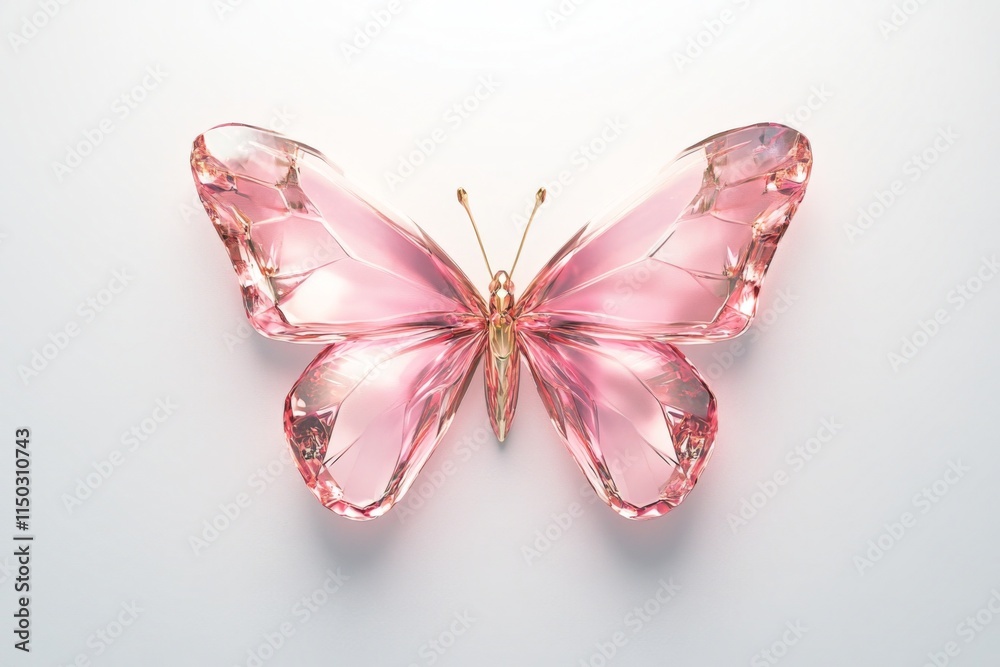 Pink Crystal Butterfly with Light Gold Border. Elegant Jewelry Design against White Background, 