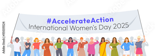 Accelerate Action campaign. International Women's Day 2025. Women of different ethnicities and age holding a banner with a slogan to show solidarity and support for women's rights and gender equality
