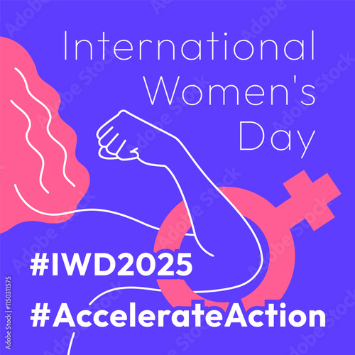 Accelerate Action campaign pose. International Women's Day 2025. Outline woman doing strength gesture with arm to show solidarity and support for women's rights and gender equality. Square banner