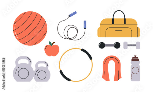 Set of Hand Drawn Fitness Equipment Flat Design Illustration. Collection of Different Gym Exercise Tools