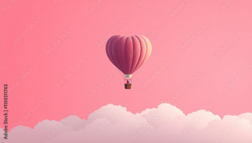 Obraz premium Romantic hot air balloon in the shape of a heart floating in a pink sky.