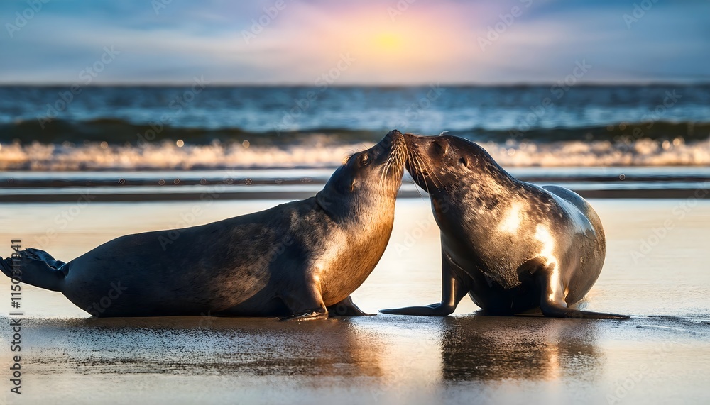Fototapeta premium Two Seals Kissing at Sunset on Sandy Beach Ocean Wildlife