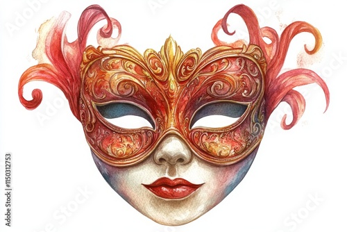 Vintage-inspired carnival mask in elegant watercolor style, intricate pastel tones and warm red hues on crisp white background. Detailed vector clip art for design. photo