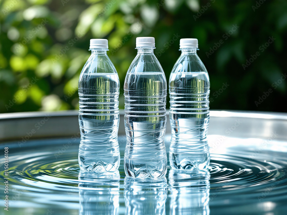 Three colorful plastic bottles with water on reflective surface with green background. Three colorful plastic bottles with water on reflective surface with green background.