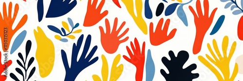 Matisse-Inspired Cutout Shapes in Bold Primary Colors on White Background with Hand and Plant Motifs. Simple, Colorful, Playful Pattern Design. photo