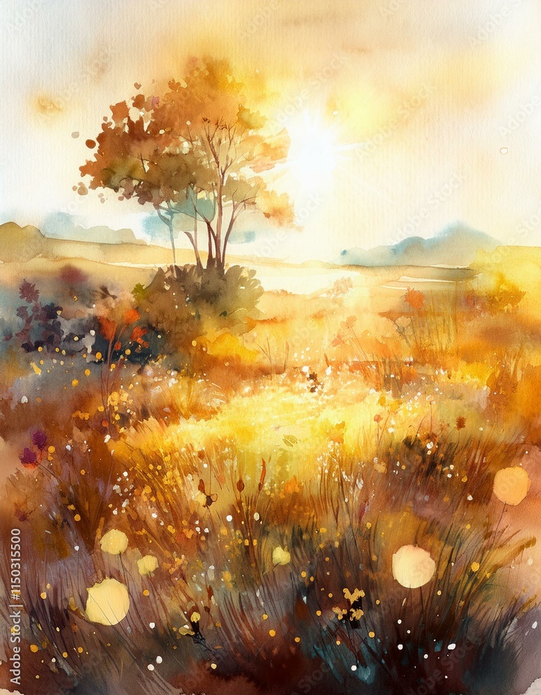 Obraz premium Nostalgic natural watercolor style landscape painting.