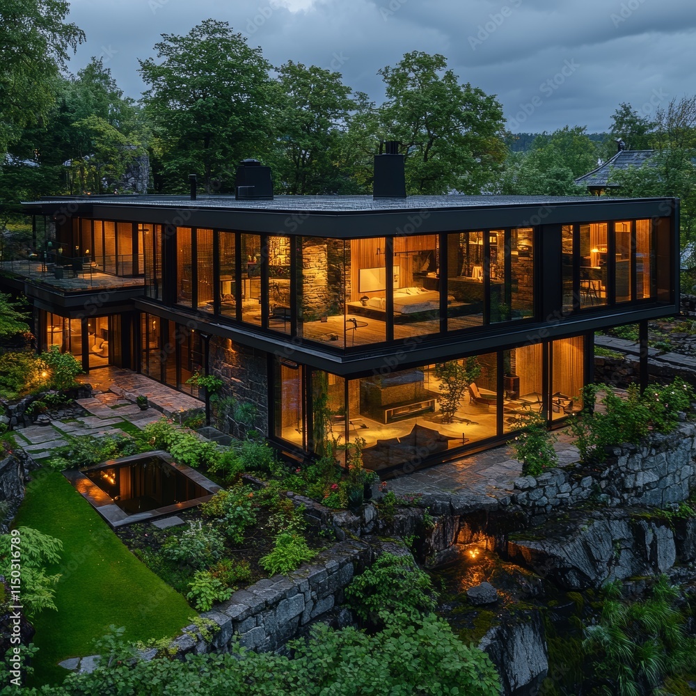 Modern Architecture Shines With Warm Illumination at Dusk in a Stunning Hillside Home Surrounded by Lush Greenery and Natural Landscapes Modern Architecture Shines With Warm Illumination at Dusk in a Stunning Hillside Home Surrounded by Lush Greenery and Natural Landscapes