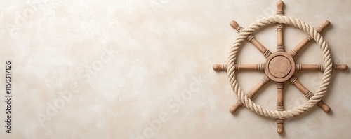 A wooden ship's wheel against a textured background, symbolizing nautical adventure and maritime themes. photo