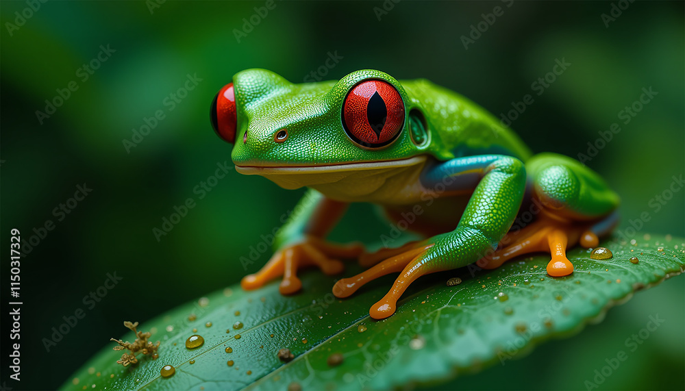 A vibrant red-eyed tree frog perched on a green leaf, showcasing its striking colors and unique features. A vibrant red-eyed tree frog perched on a green leaf, showcasing its striking colors and unique features.