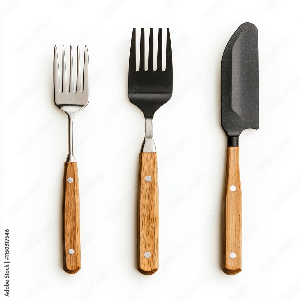 Naklejka premium Kitchen Utensils Set with Wooden Handles on White Background