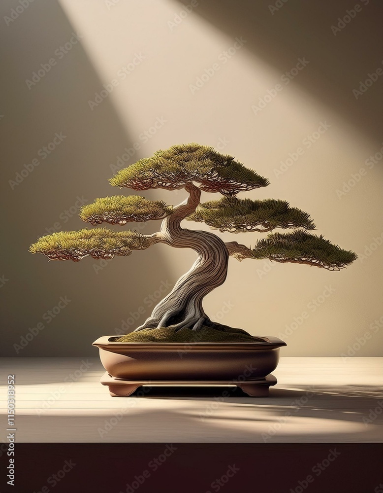 small traditional Japanese bonsai tree growing in small pot with sunlight ray in the background small traditional Japanese bonsai tree growing in small pot with sunlight ray in the background