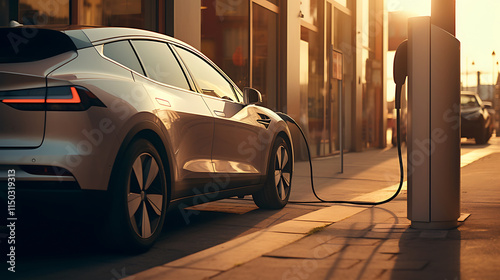 Modern silver electric car charging at public station at sunset