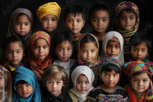 A group of children wearing colorful scarves and hats