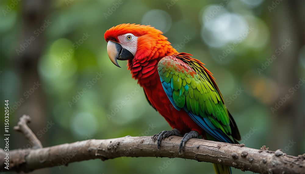 Obraz premium A vibrant red and green parrot perched gracefully on a branch, showcasing its colorful feathers in a natural setting.