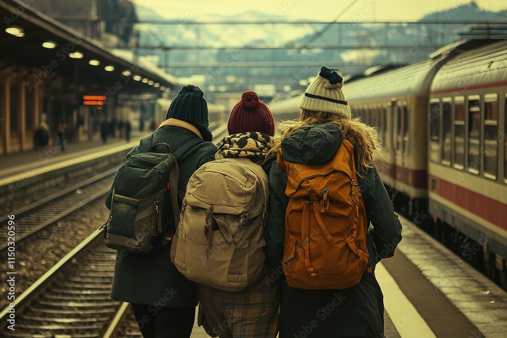 Three young women are standing in a train station, each carrying a backpack. Scene is casual and relaxed, as the girls are likely on their way to a trip or adventure Three young women are standing in a train station, each carrying a backpack. Scene is casual and relaxed, as the girls are likely on their way to a trip or adventure