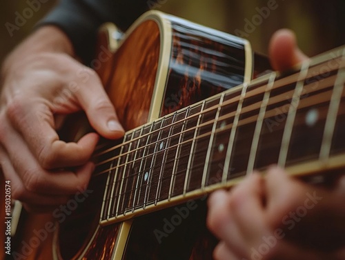 Close-up of hands playing acoustic guitar outdoors. photo