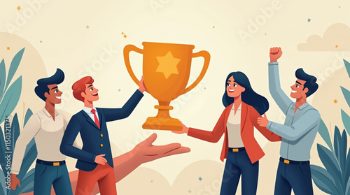 Reward cup for a successful business team. Achieve successful project outcomes through organized teamwork. Vector illustration
