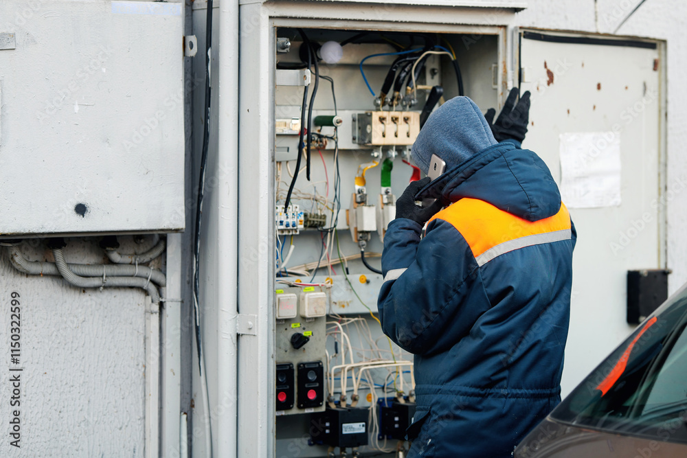 Electrician in winter gear inspecting and repairing an electrical control panel outdoors, utility maintenance in cold conditions. Utility worker repairing and maintaining power distribution box