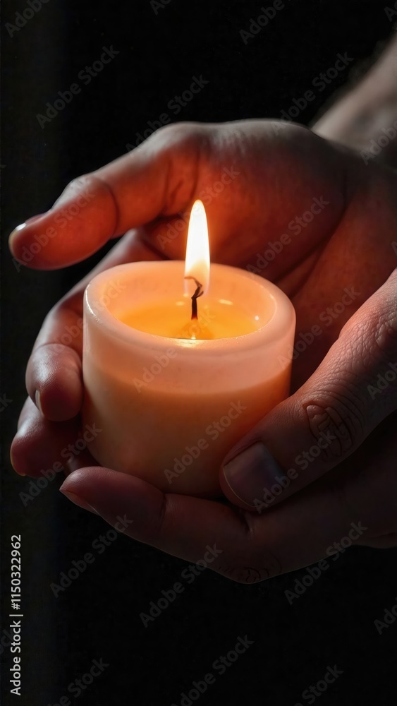 Hands holding a burning candle in the darkness background. Mourning pray. World religion day. Remembrance day. Concept of future telling. Spiritual healing and energy of soul. Copy space. Vertical Hands holding a burning candle in the darkness background. Mourning pray. World religion day. Remembrance day. Concept of future telling. Spiritual healing and energy of soul. Copy space. Vertical