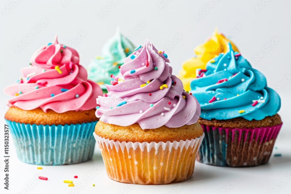 A row of colorful cupcakes with sprinkles on top