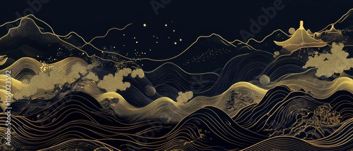 Luxury gold oriental style background vector. Chinese and Japanese oriental line art with golden texture