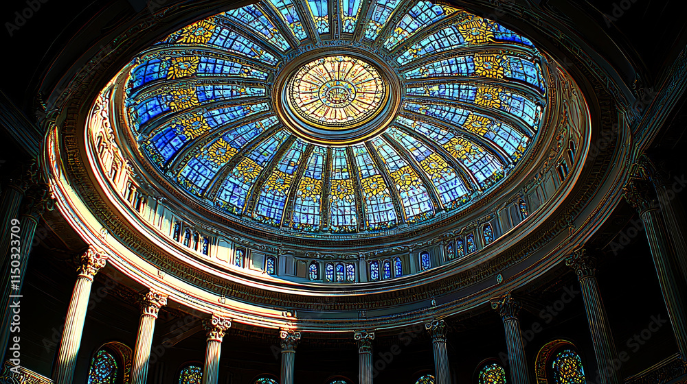 Obraz premium Ornate stained-glass dome ceiling interior.