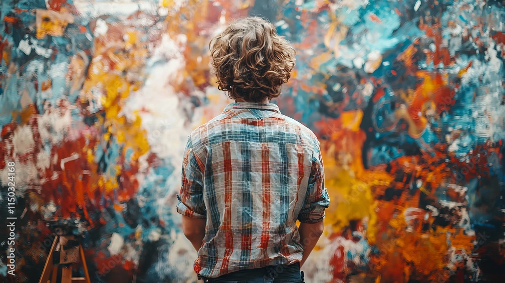 Obraz premium Young Artist Observing Colorful Abstract Painting