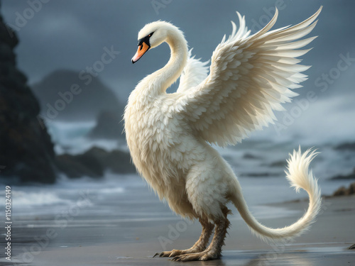 Graceful swan mystical creature with wings spread on a serene beach shore photo