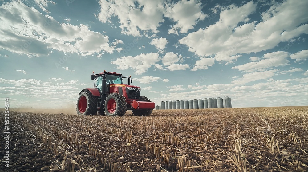 Fototapeta premium Red Tractor in Expansive Field Under Blue Sky