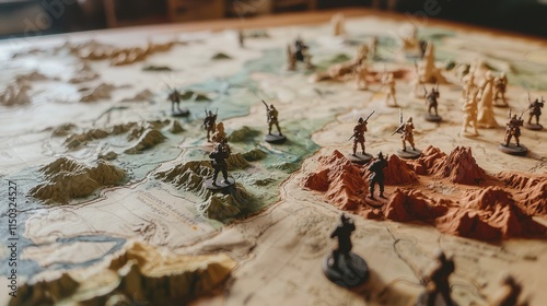 Close-up of detailed military strategy map with miniature soldiers and terrain models on wooden table for tactical planning and battlefield simulation.