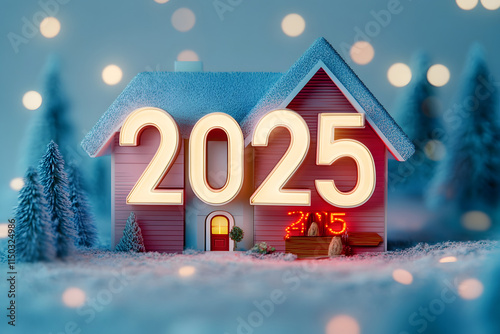 Creative 2025 New Year Concept with House Illustration. 3d render