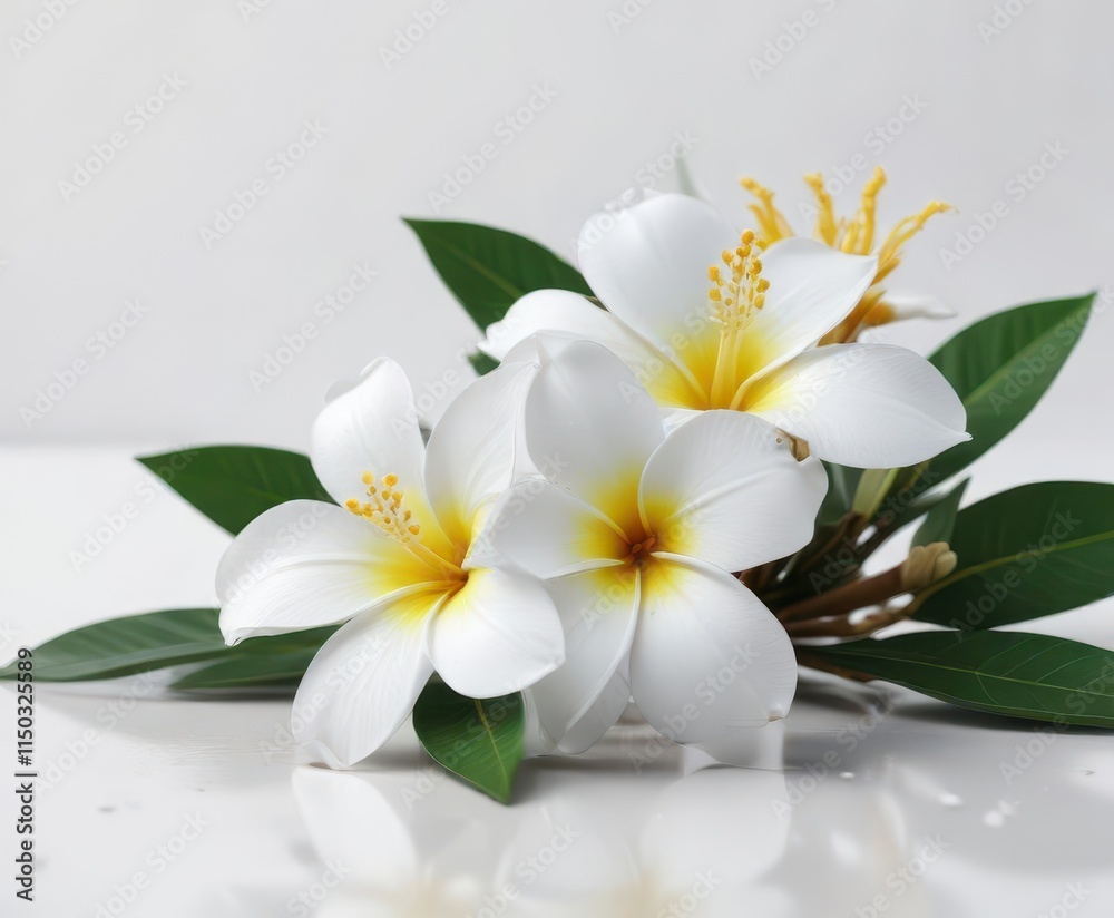 Fototapeta premium Delicate frangipani, pure white backdrop, sharp focus, element, photography, spa