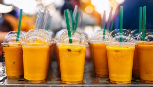 Wallpaper Mural Generated image lose-up of mango smoothies in clear cups with straws at a Bangkok street stand Torontodigital.ca