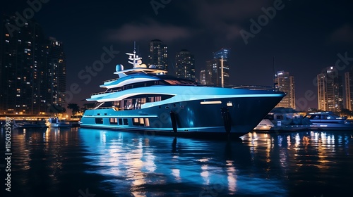 Luxury yacht moored in marina at night with city skyline