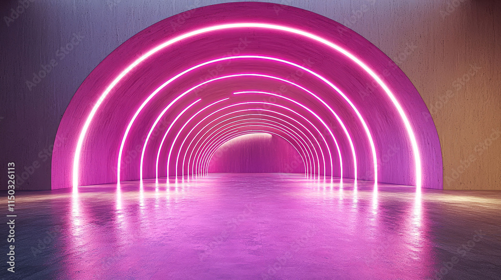 Fototapeta premium Pink neon lights in arched wooden tunnel.