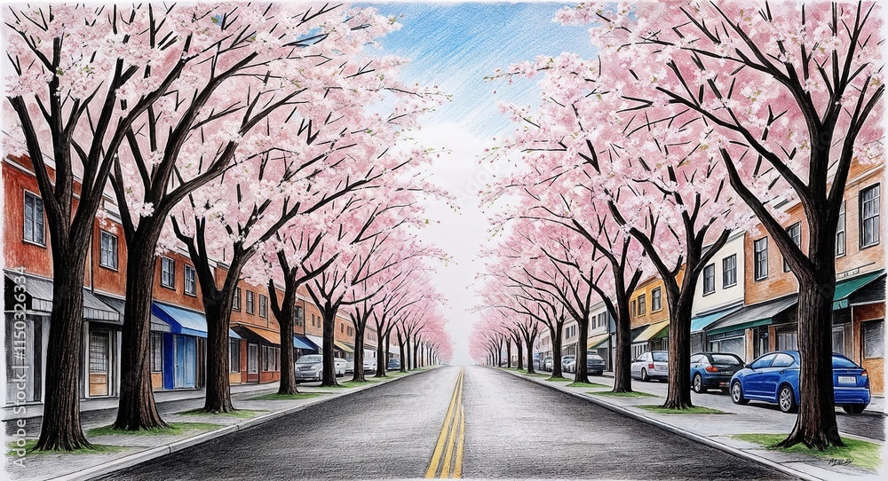 Fototapeta premium A street filled with cherry blossom trees in full bloom hand drawing