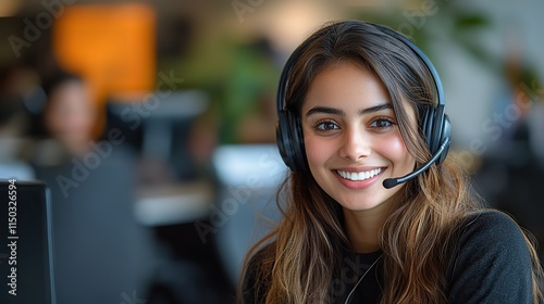 A smiling Indian woman wearing a headset, working as a call center agent or consultant, providing support and communication services