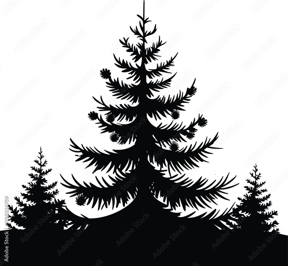 Obraz premium Black Vector Silhouette of a Full Pine Tree on a Pure White Background, Perfect for Nature and Minimalist Themes