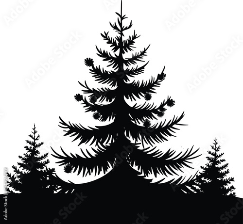 Black Vector Silhouette of a Full Pine Tree on a Pure White Background, Perfect for Nature and Minimalist Themes