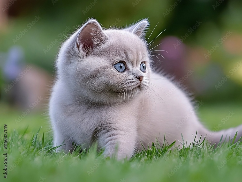 A fluffy gray kitten with striking blue eyes exploring a grassy garden, captured in soft natural lighting with a blurred background A fluffy gray kitten with striking blue eyes exploring a grassy garden, captured in soft natural lighting with a blurred background