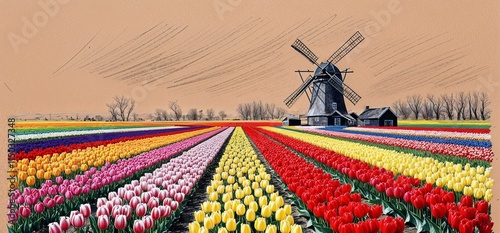 A vibrant tulip field with rows of colorful blooms and a windmill hand drawing