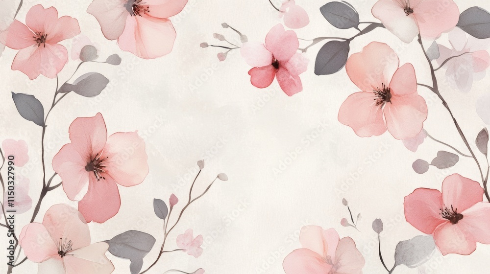 Minimal style wallpaper with floral line art and watercolor background texture Minimal style wallpaper with floral line art and watercolor background texture