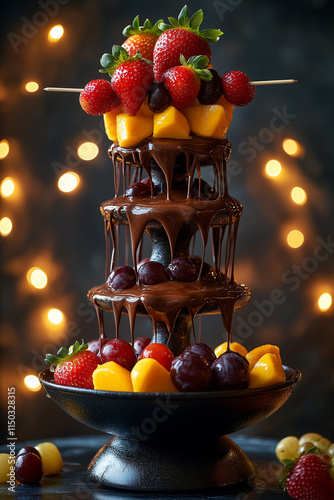 Dark chocolate fountain, a chocolate stream captures a skewer with fruits: strawberry, mango, and grape, bright background with string lights, close-up shot, vertical frame
