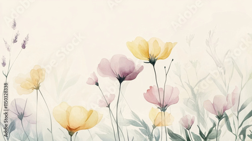 Soft watercolor florals in pastel tones, subtly scattered across a pale grayish-white background,